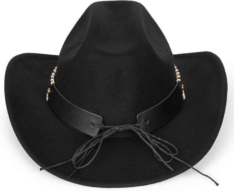 Vikodah Vintage Western Cowboy Hat for Men Women - Wide Brim Cowgirl Fedora Hats with Braided Rope Band M - Image 3